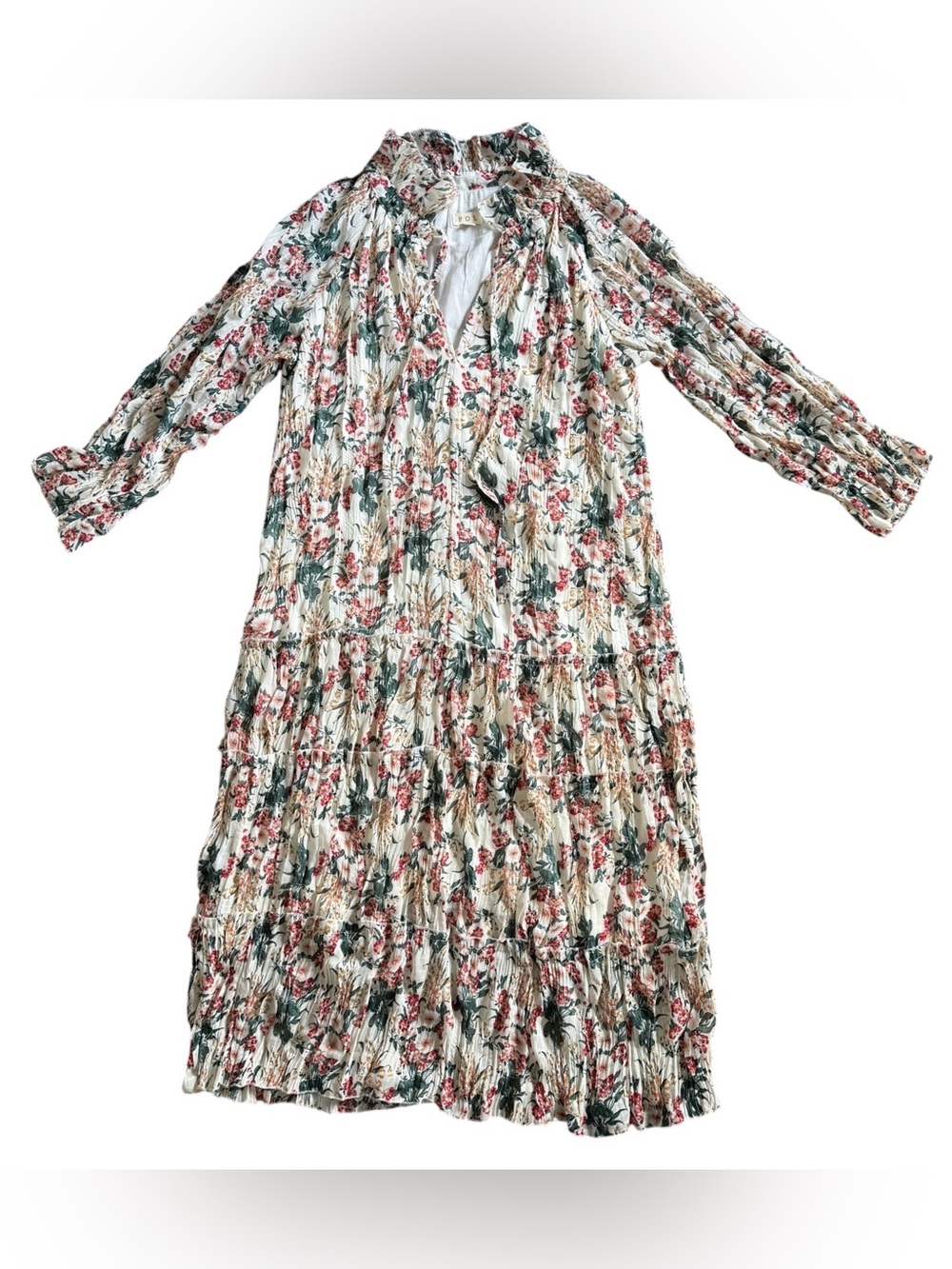 POL Ruffled Tiered Boho Maxi Dress Floral Cream Pink Size L NWOT